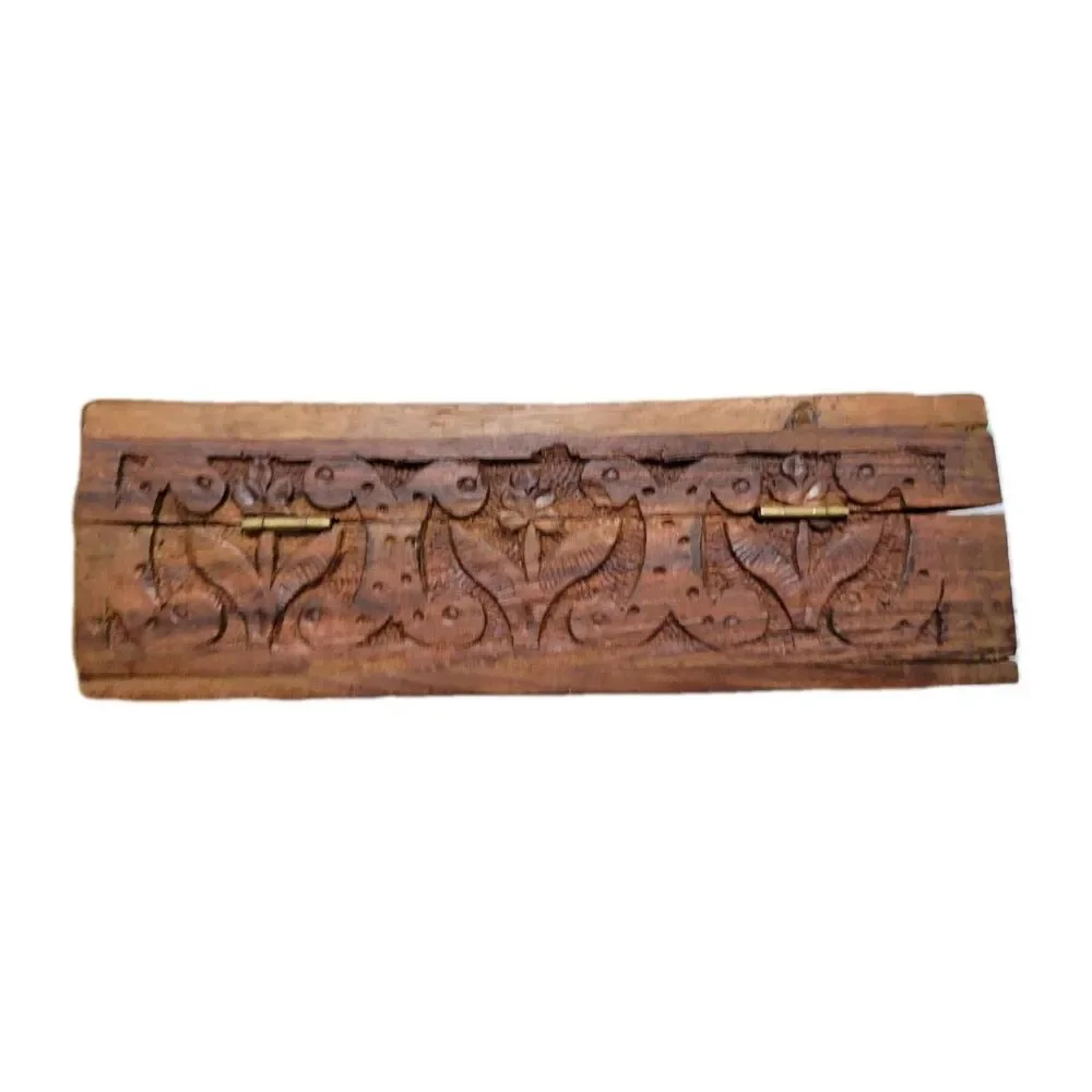 VTG PIER 1 IMPORTS HAND CARVED WOOD Jewelry Trinket Box Blue interior 6x8 Y2K